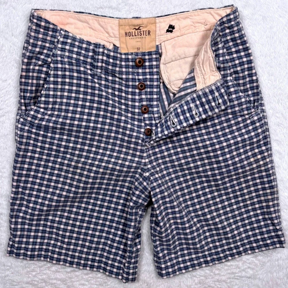 Y2K Hollister Button Fly Chino Shorts Mens 32 Blue Gingham Check Coastal Seagull